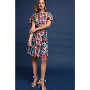 NWT Anthropologie Eva Franco Ferrah Embroidered Floral Short Slv Midi Dress 12